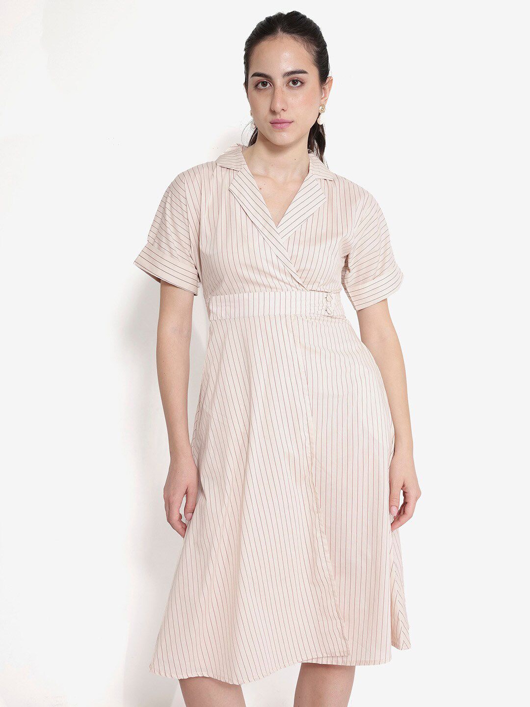RAREISM Striped Shirt Collar Fit & Flare Dress