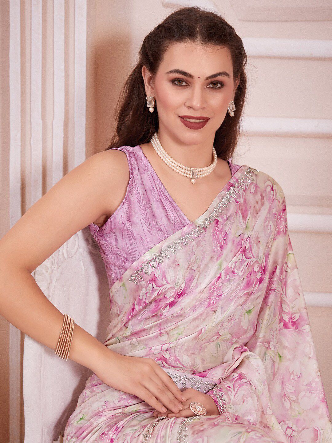 Saree mall Floral Printed Beads & Stones Satin Saree