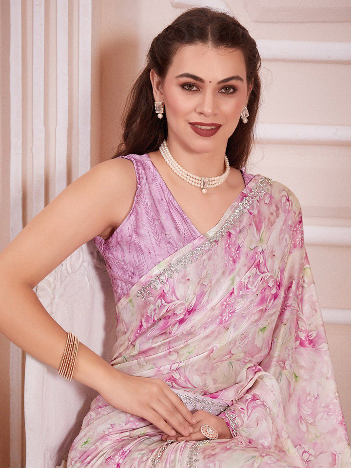 Saree mall Floral Printed Beads & Stones Satin Saree