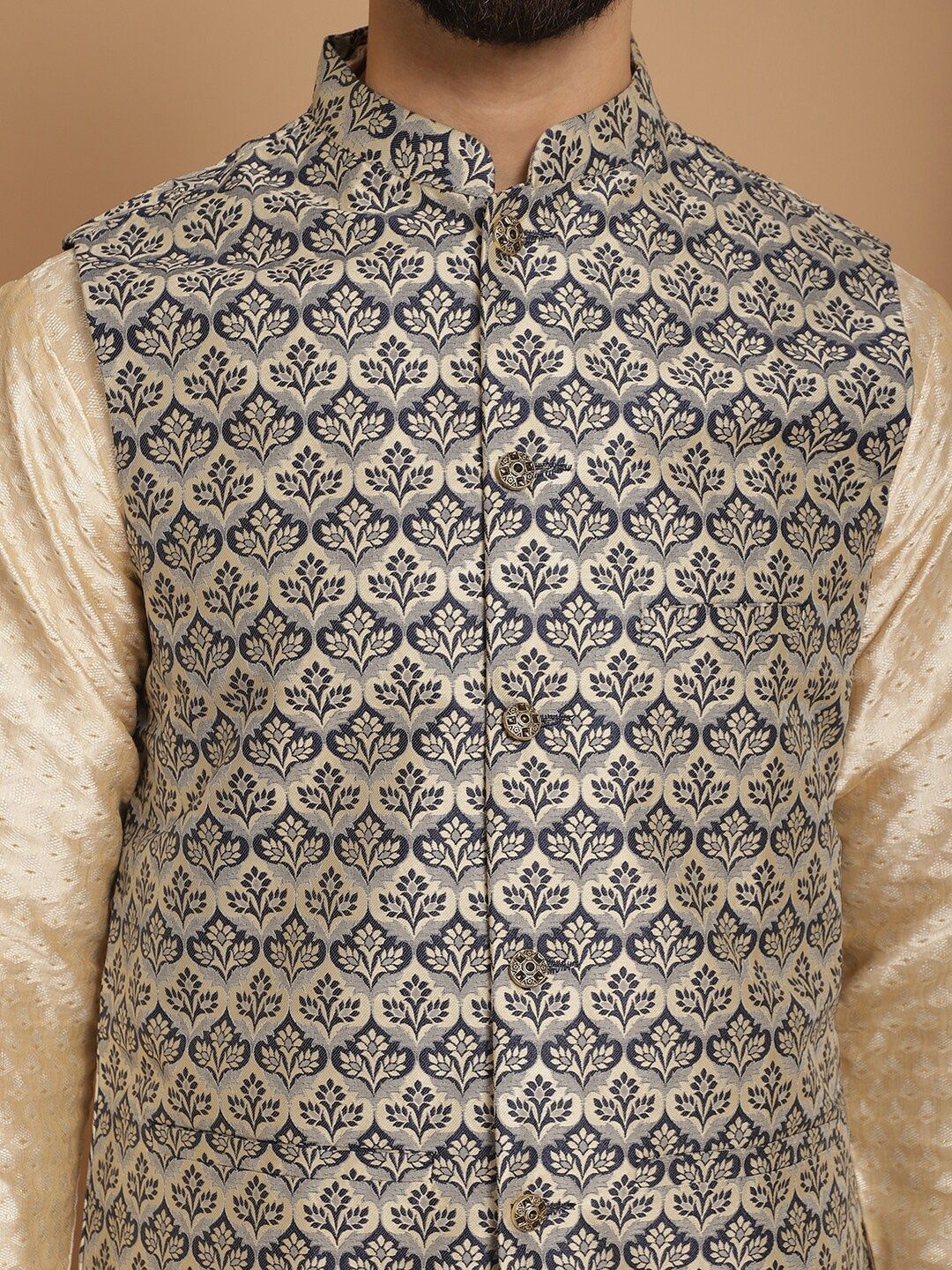 Motif Etnik Anouk Kolar Mandarin Panjang Lutut Sulam Kurta Biasa dengan Churidar