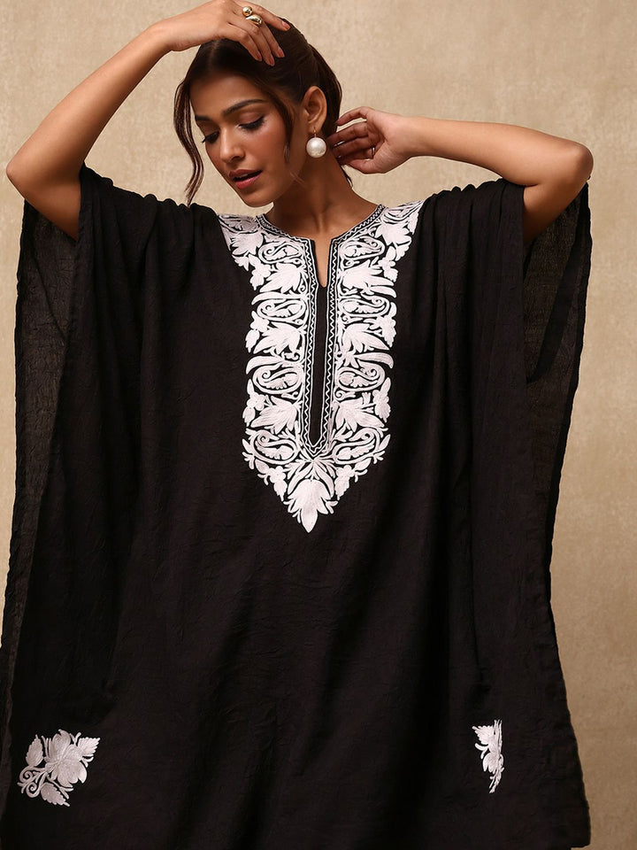 House of Chikankari Women Black Cotton Aari Embroidered Kaftan Set