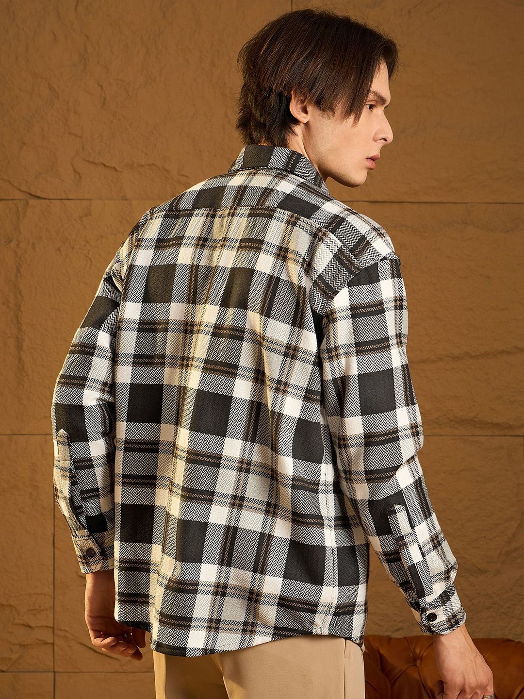 DENNISON Men Double Pocket Drop Shoulder Oversized Cotton Checked Shacket
