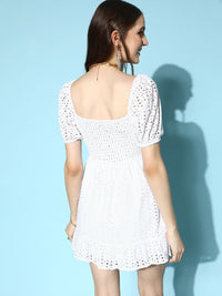 Berrylush White Solid Ruched Schiffli A-Line Mini Dress
