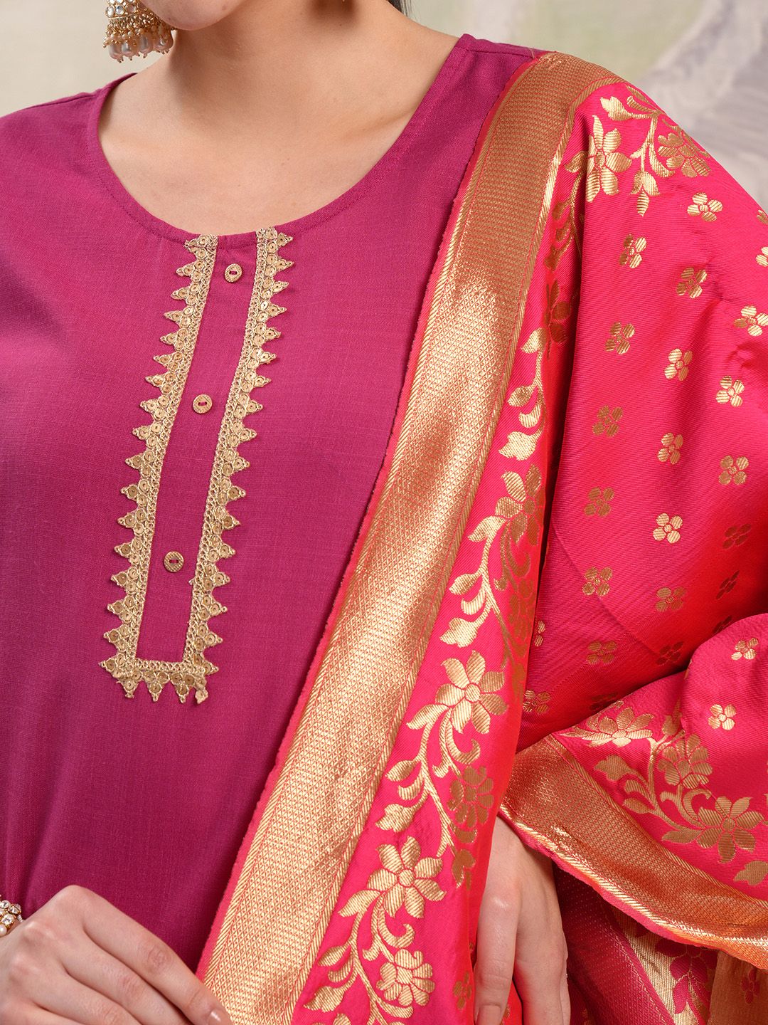 Vishudh Pink Vishudh Round Neck Embellished Straight Kurta & Palazzos With Dupatta