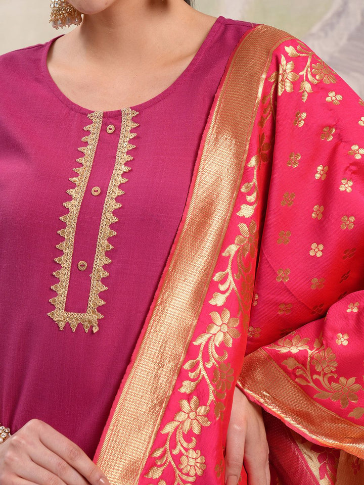 Vishudh Pink Vishudh Round Neck Embellished Straight Kurta & Palazzos With Dupatta