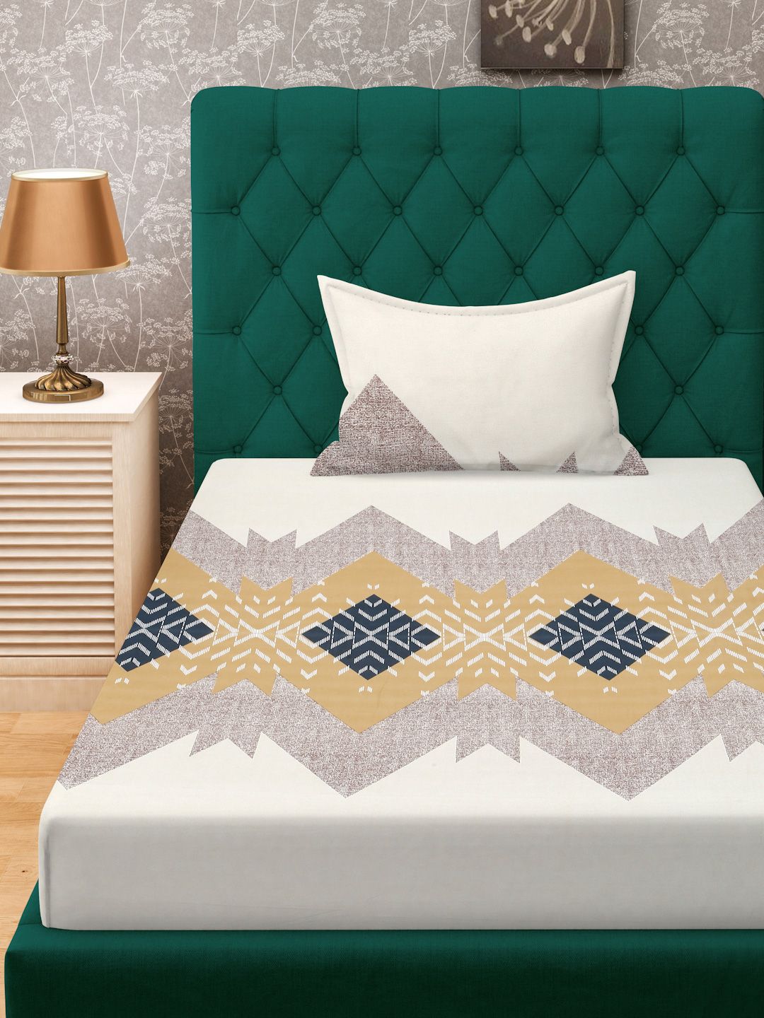 KLOTTHE Coklat Geometric Polycotton 300 TC Dilengkapi Cadar Single Halus dengan Sarung Bantal-89 x 59 inci