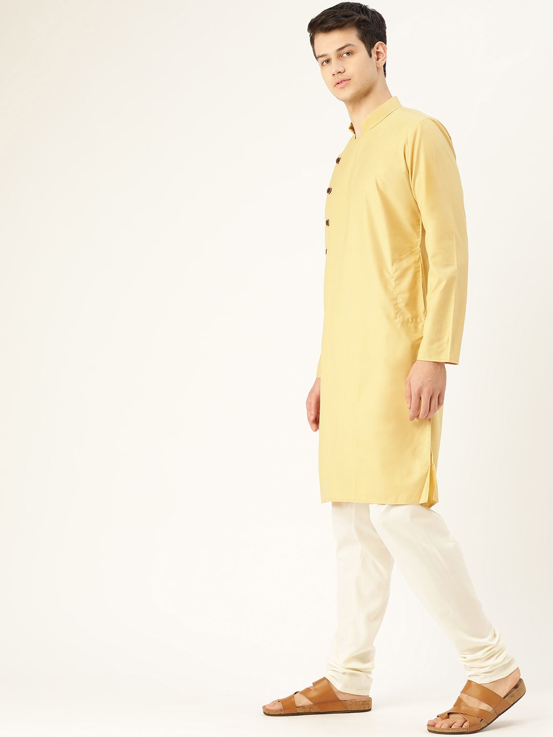 SOJANYA Men Beige Solid Angrakha Straight Kurta