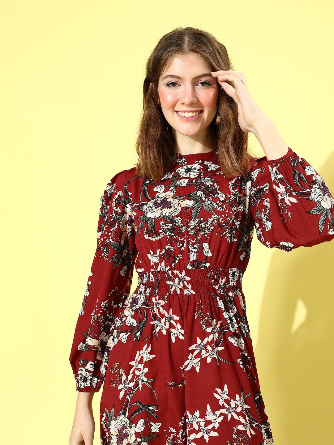 Pakaian Berrylush Wanita Menawan Maroon Floral Puff Sleeves
