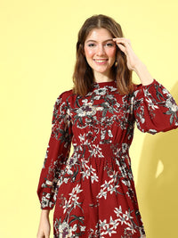 Berrylush Women Charming Maroon Floral Puff Sleeves Dress