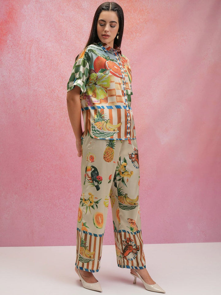 Tokyo Talkies Printed Satin Shirt Collar Shirt With Trousers Co-Ords