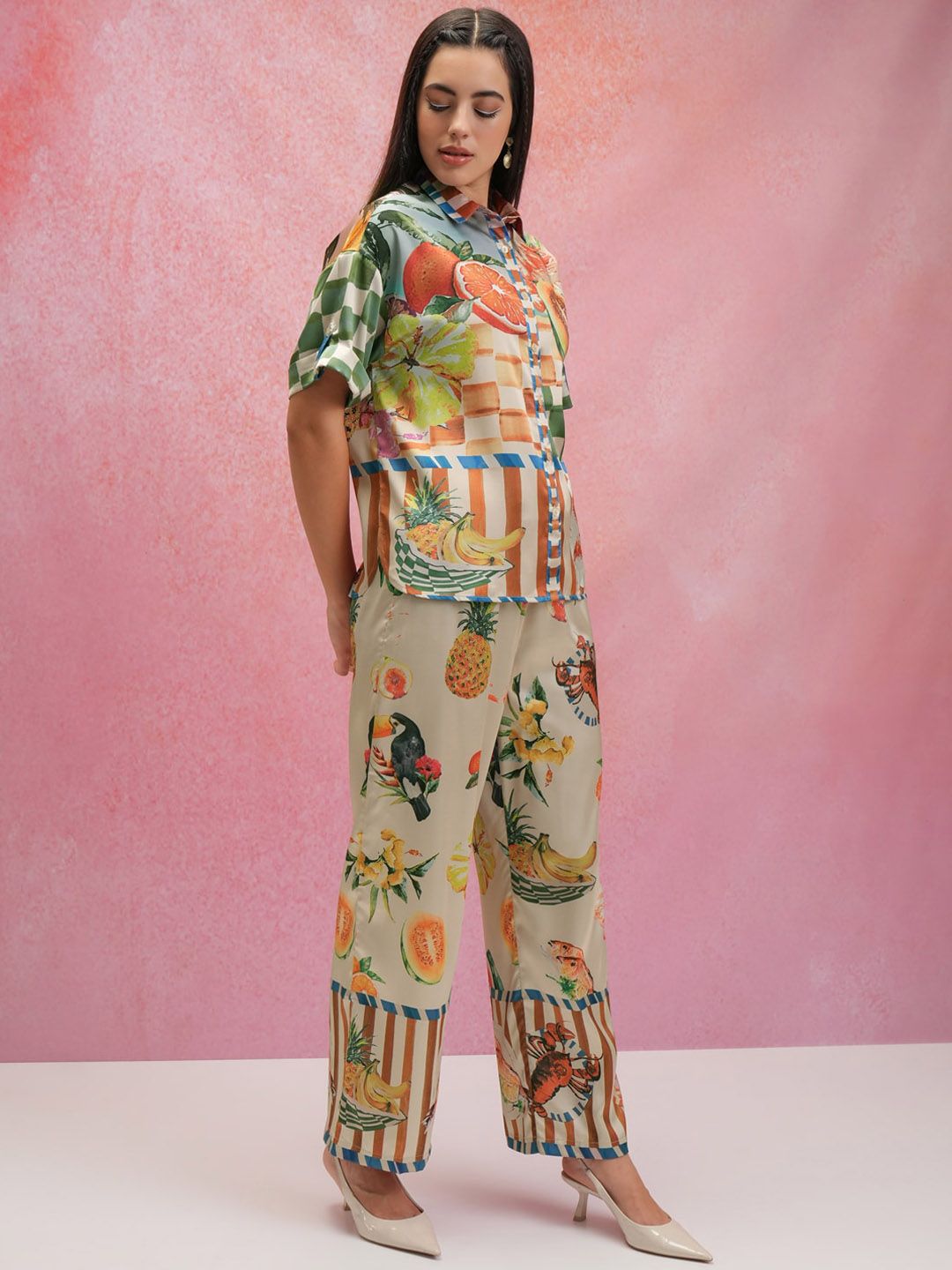 Tokyo Talkies Printed Satin Shirt Collar Shirt With Trousers Co-Ords