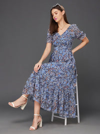 Miss Chase Floral Print Sweetheart Neck Puff Sleeve Georgette Fit & Flare Dress