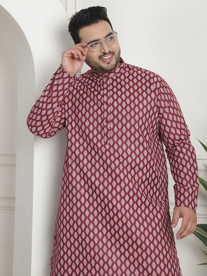 SOJANYA PLUS PLus Size Ethnic Motifs Printed Band Collar Long Sleeves Straight Kurta