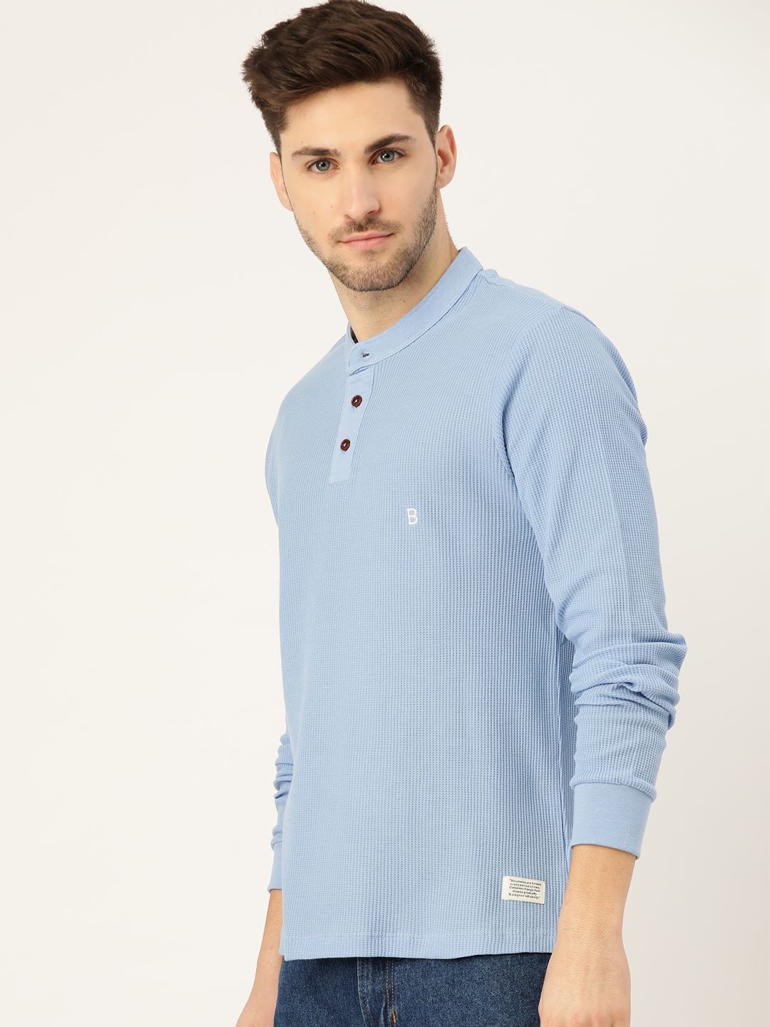 Mr Bowerbird Men Blue Pure Cotton Self-Striped Henley Neck Pure Cotton T-shirt