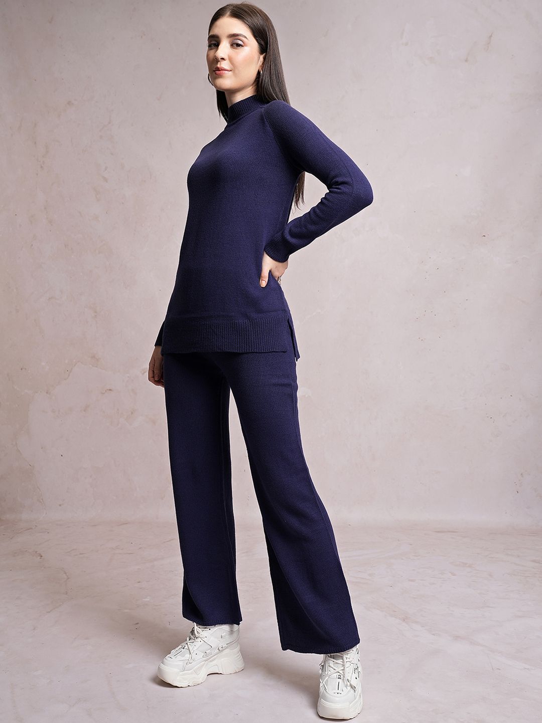 Tokyo Talkies Navy Blue High Neck Sweater With Flared Trouser Co-Ords