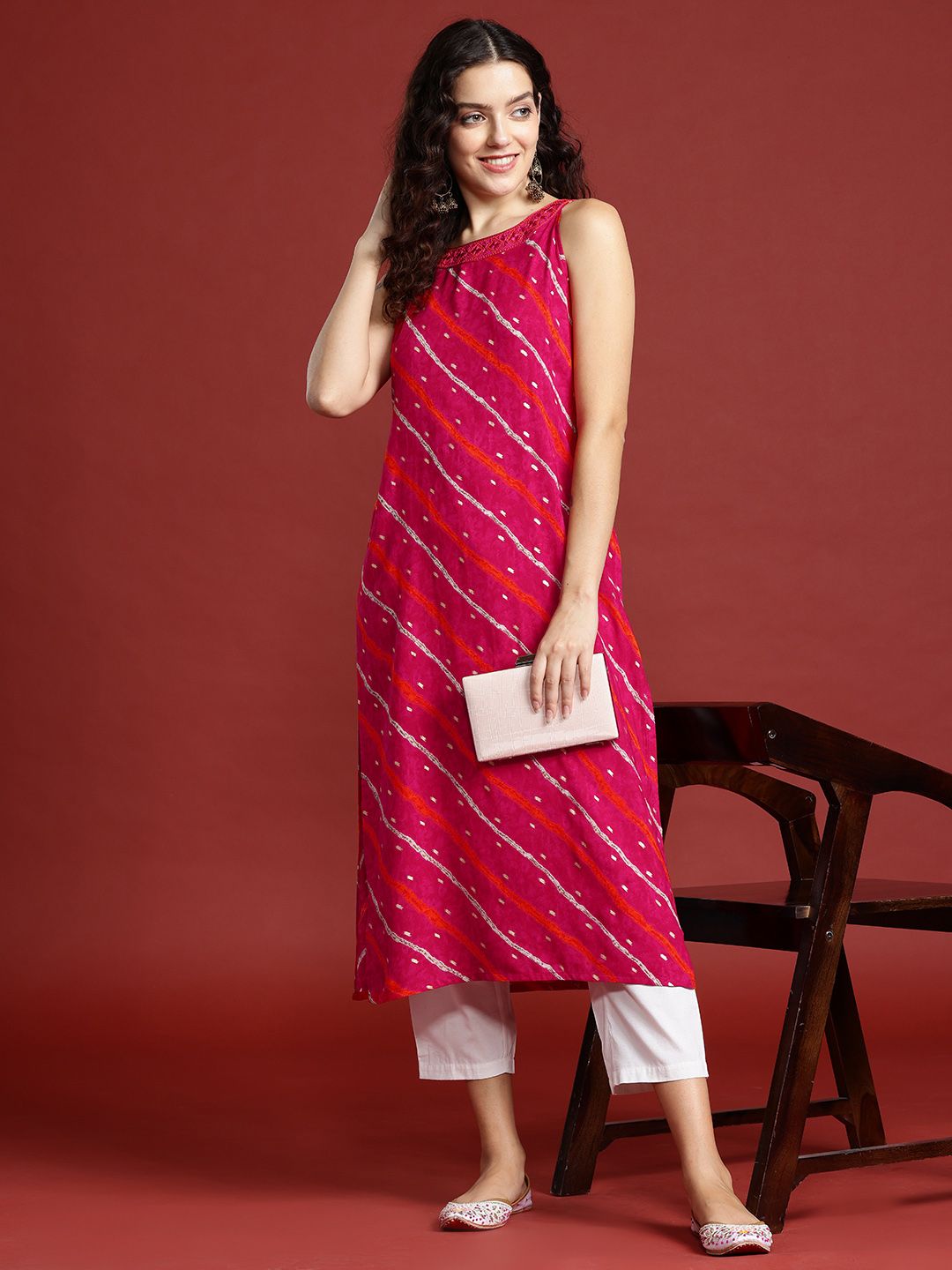 Anouk Leheriya Printed Halter Neck Thread Work Kurta