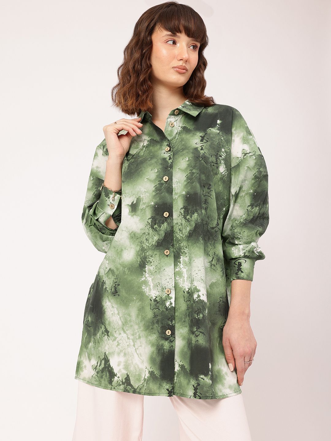 DressBerry Rugged Rhythm Dyed Drop-Shoulder Oversized Longline Shirt