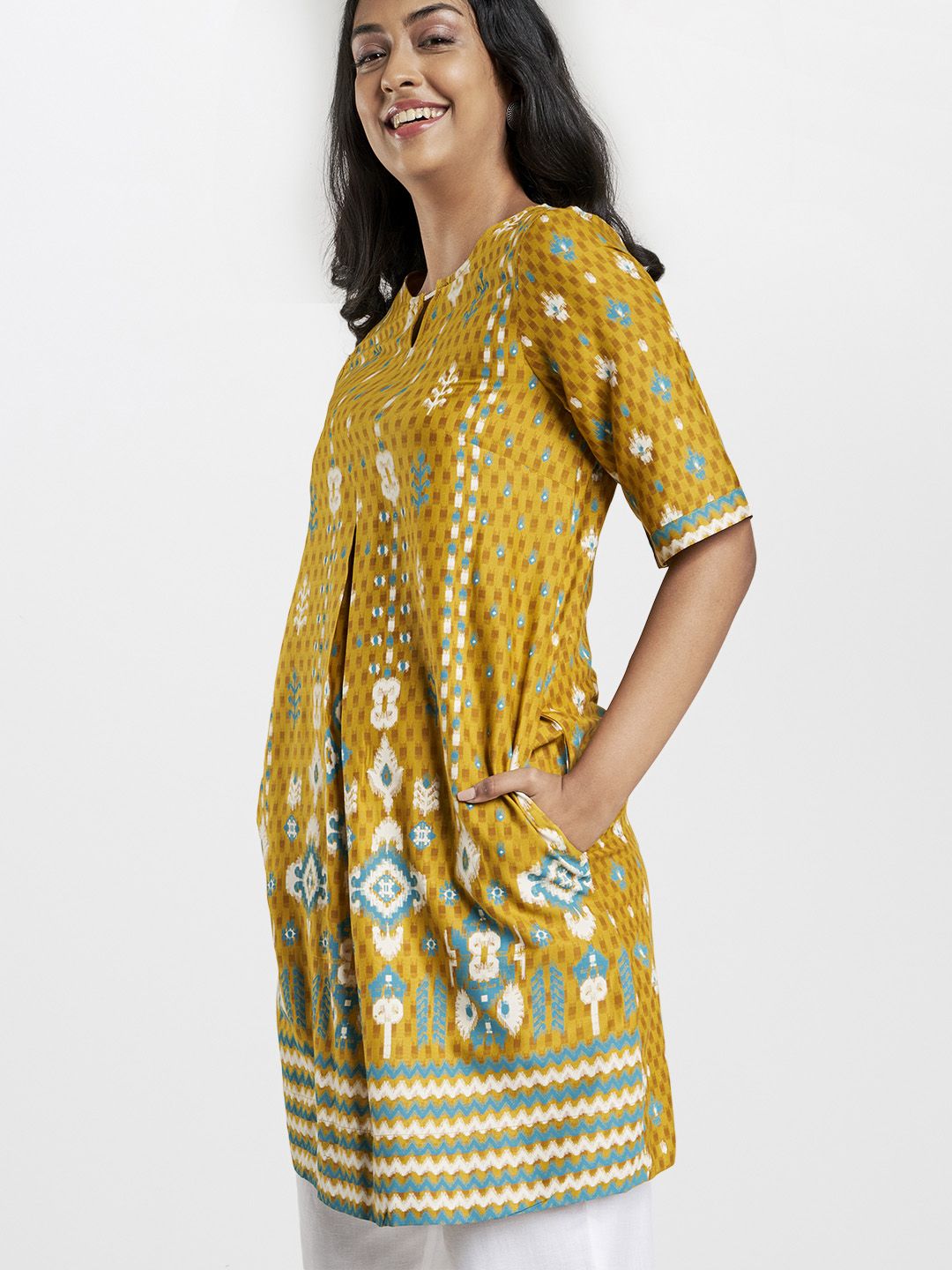 Global Desi Women Mustard Yellow Printed EcoVero A-Line Fusion Dress