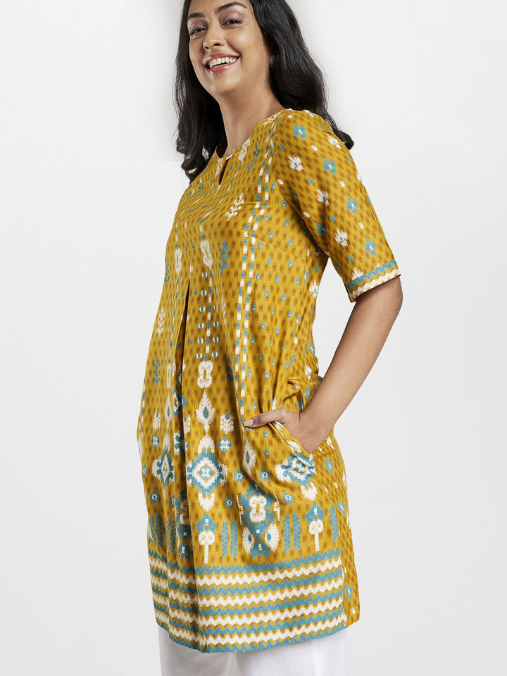 Global Desi Women Mustard Yellow Printed EcoVero A-Line Fusion Dress