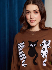 Berrylush Brown Graphic Self Design Acrylic Pullover Sweater