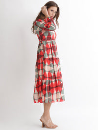 Rareism dicetak Puff Sleeves Cotton Fit & Flare Midi Dress