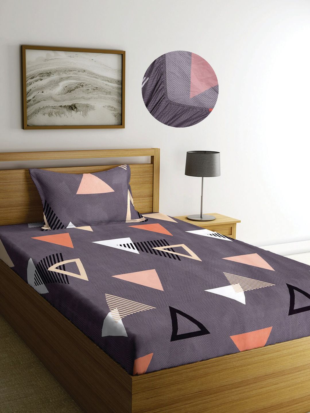 KLOTTHE Grey Geometric 300 TC Cotton Blend Elasticated Single Bedsheet with Pillow Cover