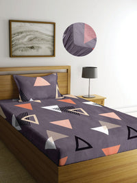 KLOTTHE Grey Geometric 300 TC Cotton Blend Elasticated Single Bedsheet with Pillow Cover