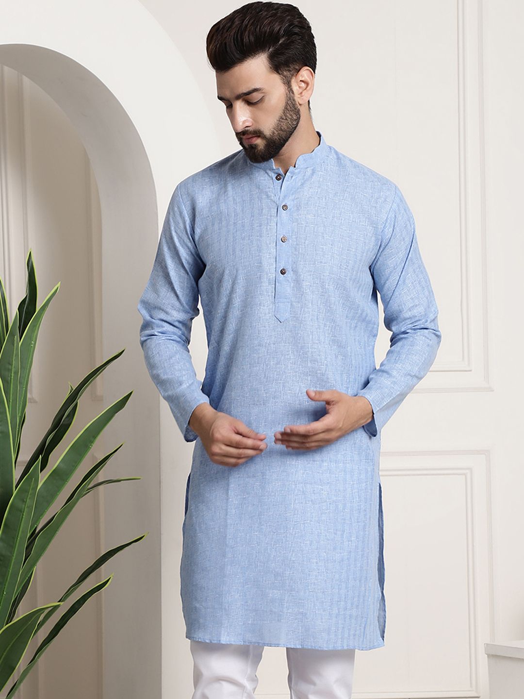 SOJANYA Men Blue Dobby Self-Checked Straight Kurta