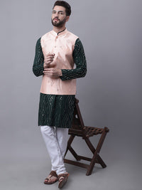 SOJANYA Kurta Lurus Kapas Tulen Berpayet Dengan Jaket Nehru Kerja Churidar & Cermin