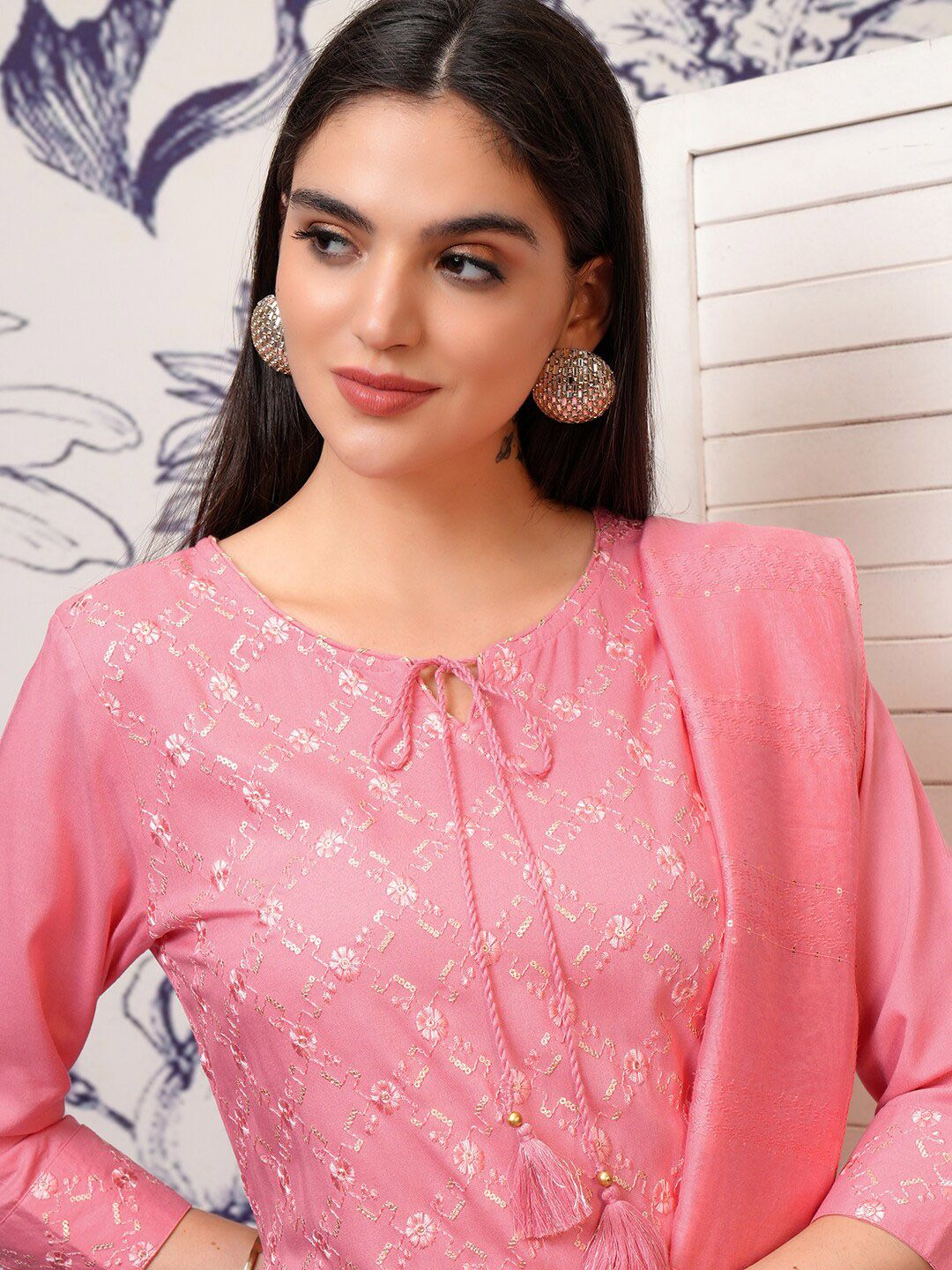 Vishudh Floral Embroidered Regular Sequinned Kurta with Trousers & With Dupatta