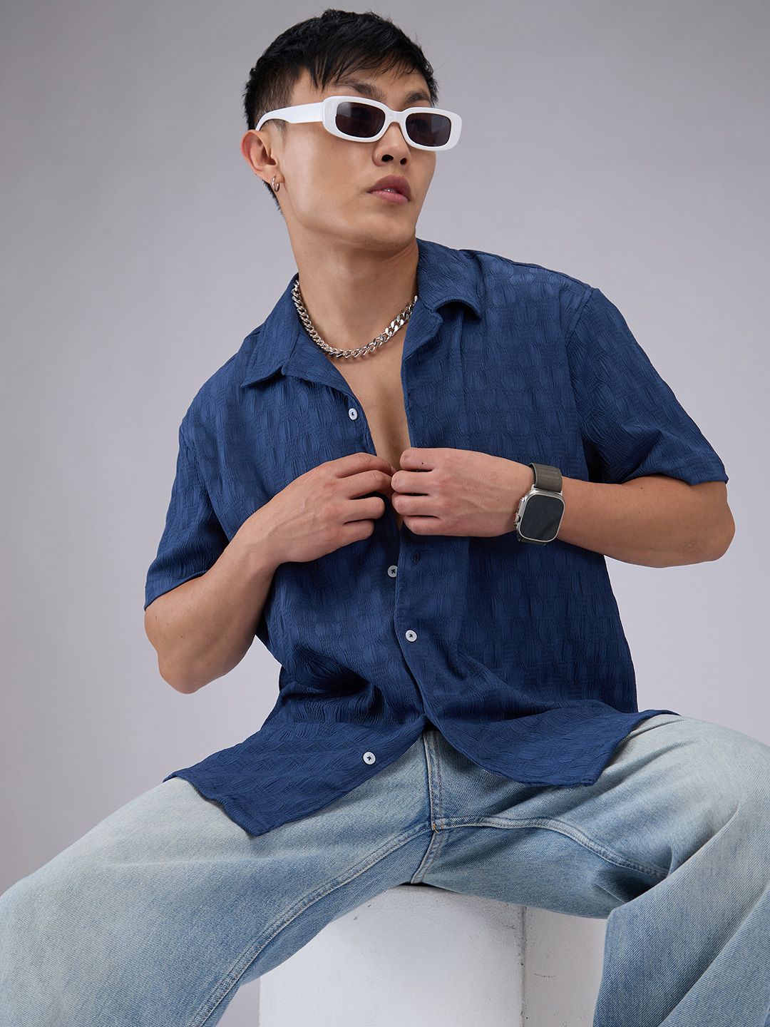 VASTRADO Men Classic Cuban Collar Textured Oversized Casual Shirt