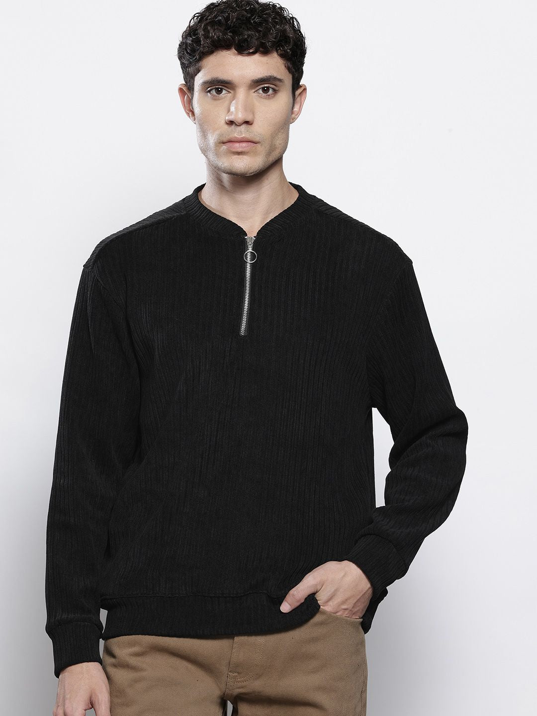 The Indian Garage Co Self Design Henley Neck Drop-Shoulder Sleeves Corduroy Sweatshirt