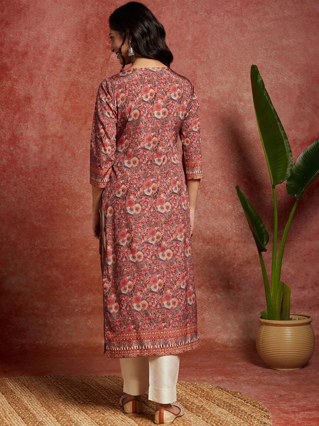 Libas Floral Printed Keyhole Neck Straight Kurta