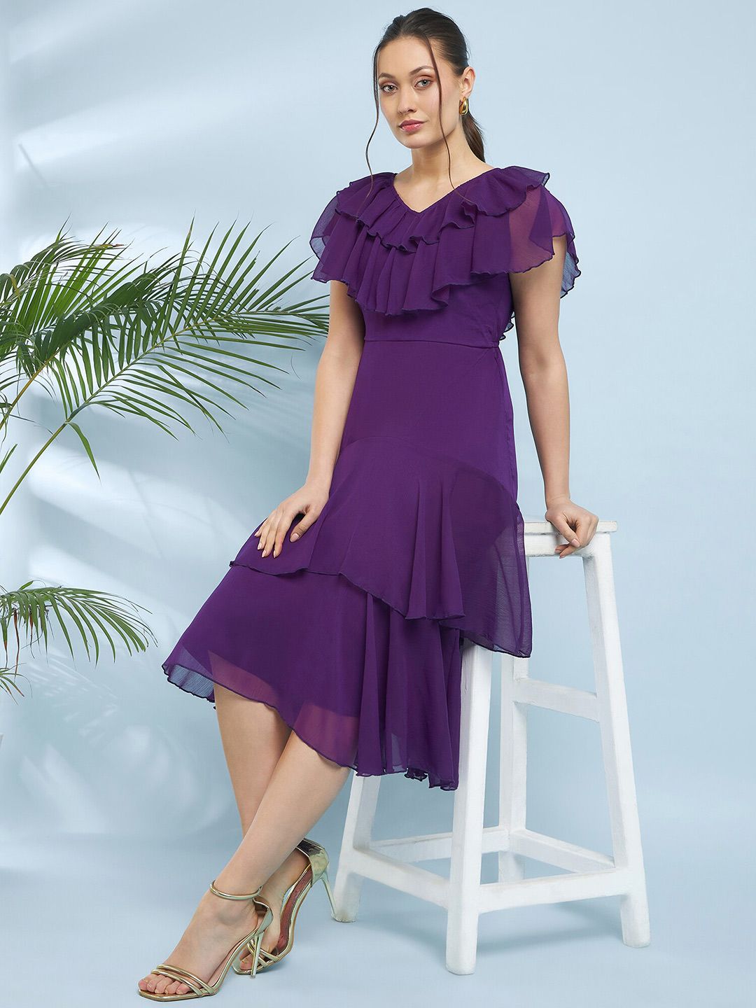 Antheaa V-Neck Flutter Sleeve Fit & Flare Midi Dress