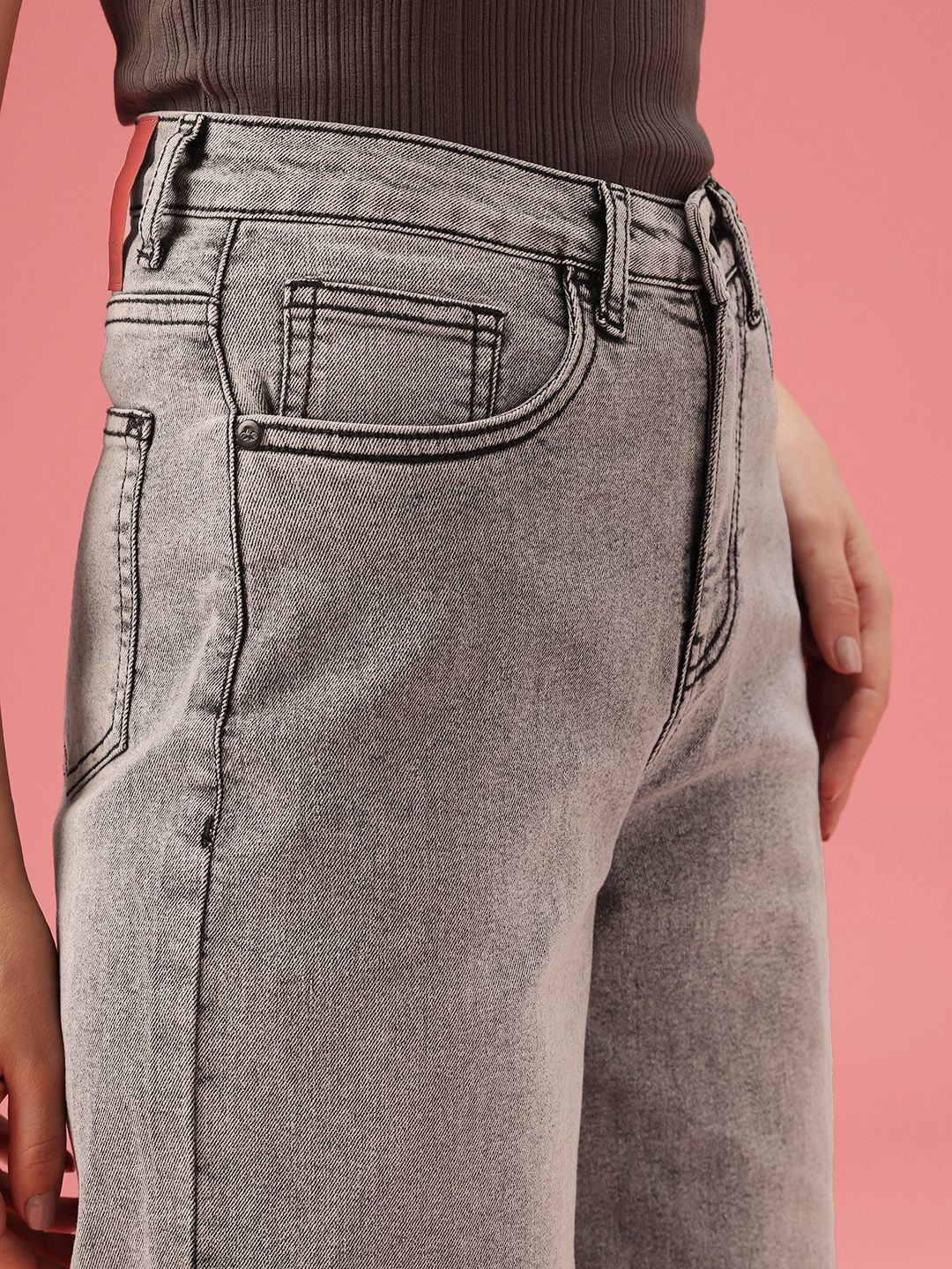 DressBerry Women Wide Leg High-Rise Heavy Fade Stretchable Jeans