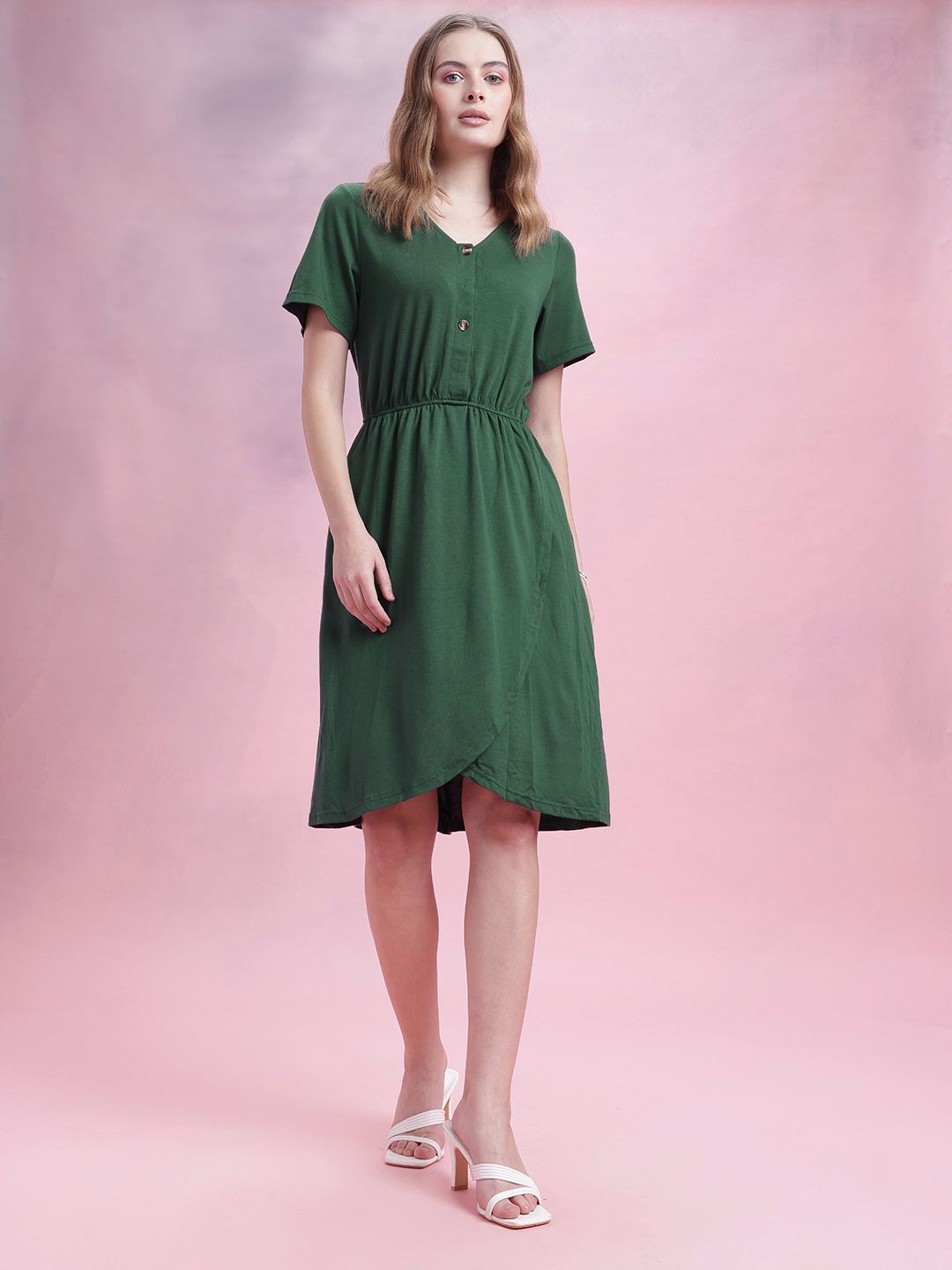 DressBerry Gathered Detail Tulip Hem Buttoned A-Line Dress