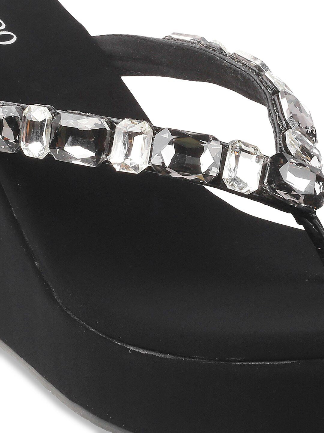 Metro Black & Silver-Toned Embellished Wedges