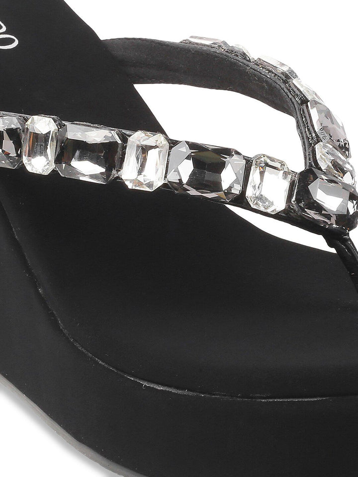 Metro Black & Silver-Toned Embellished Wedges