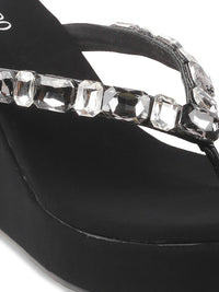 Metro Black & Silver-Toned Embellished Wedges
