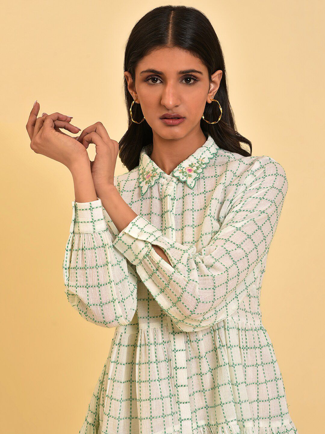 W White Checked Pure Cotton Shirt Style Top