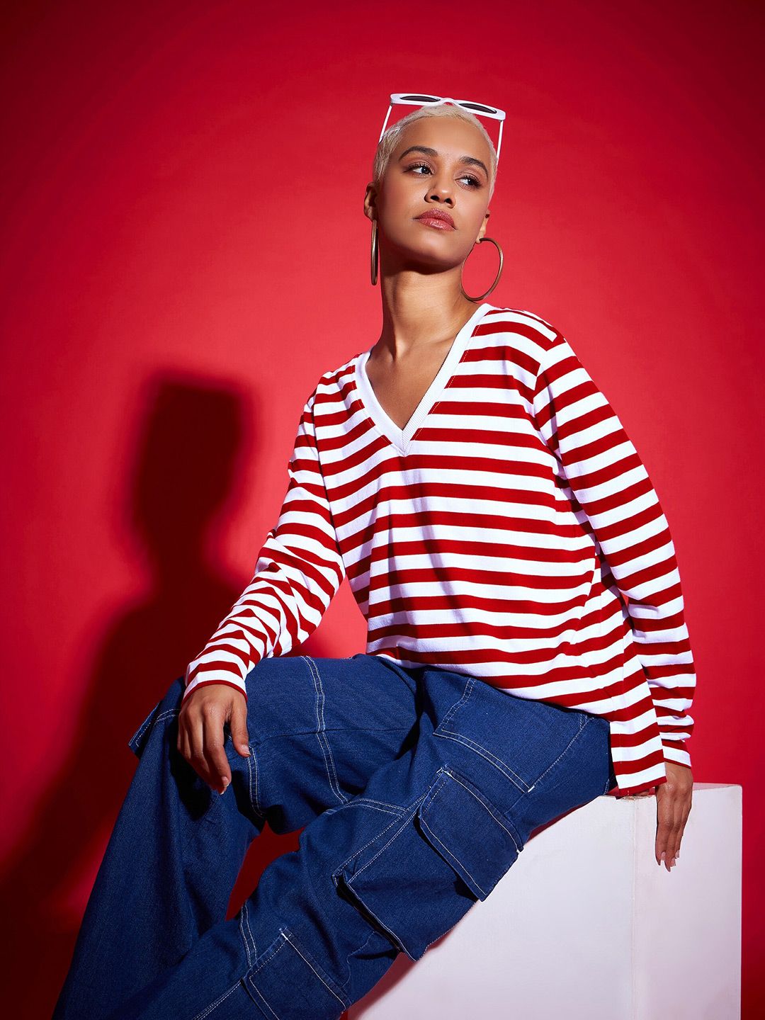 SASSAFRAS Red Striped V-Neck Long Sleeves Pure Cotton Pullover Sweatshirt