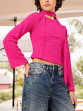 DressBerry Textured Motion Button Detail Scarf Neck Crop Top