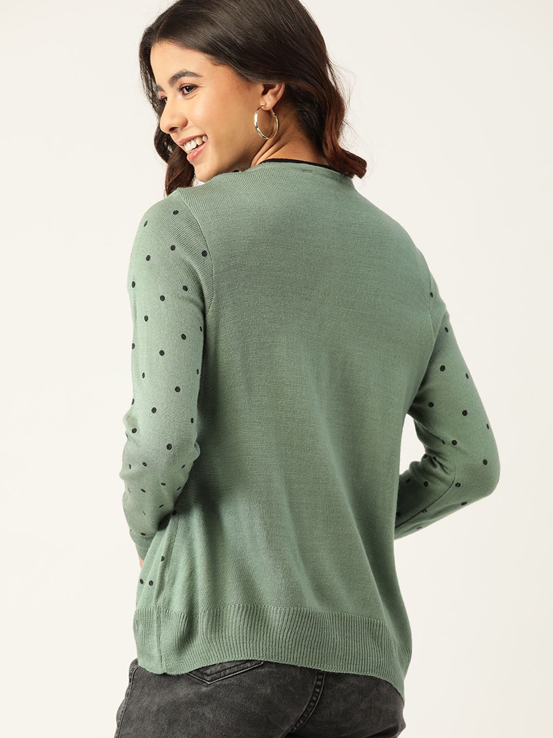 DressBerry Women Green & Black Printed Front-Open Sweater