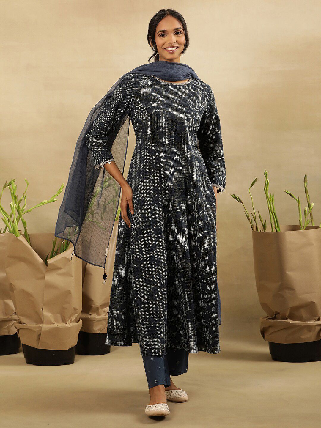W Floral Printed A-Line Midi Cotton Dress
