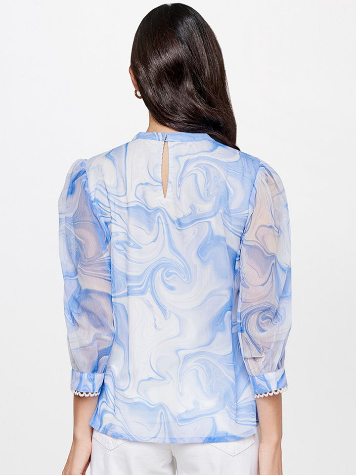 AND Women Blue and White Printed Mandarin Collar Shirt Style Top