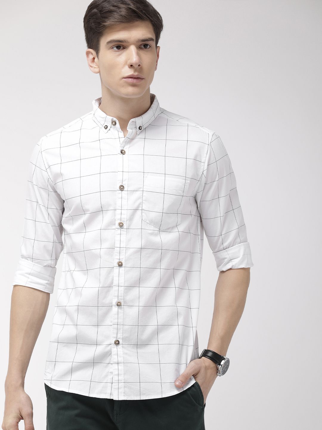 HIGHLANDER Men White & Blue Slim Fit Checked Casual Shirt