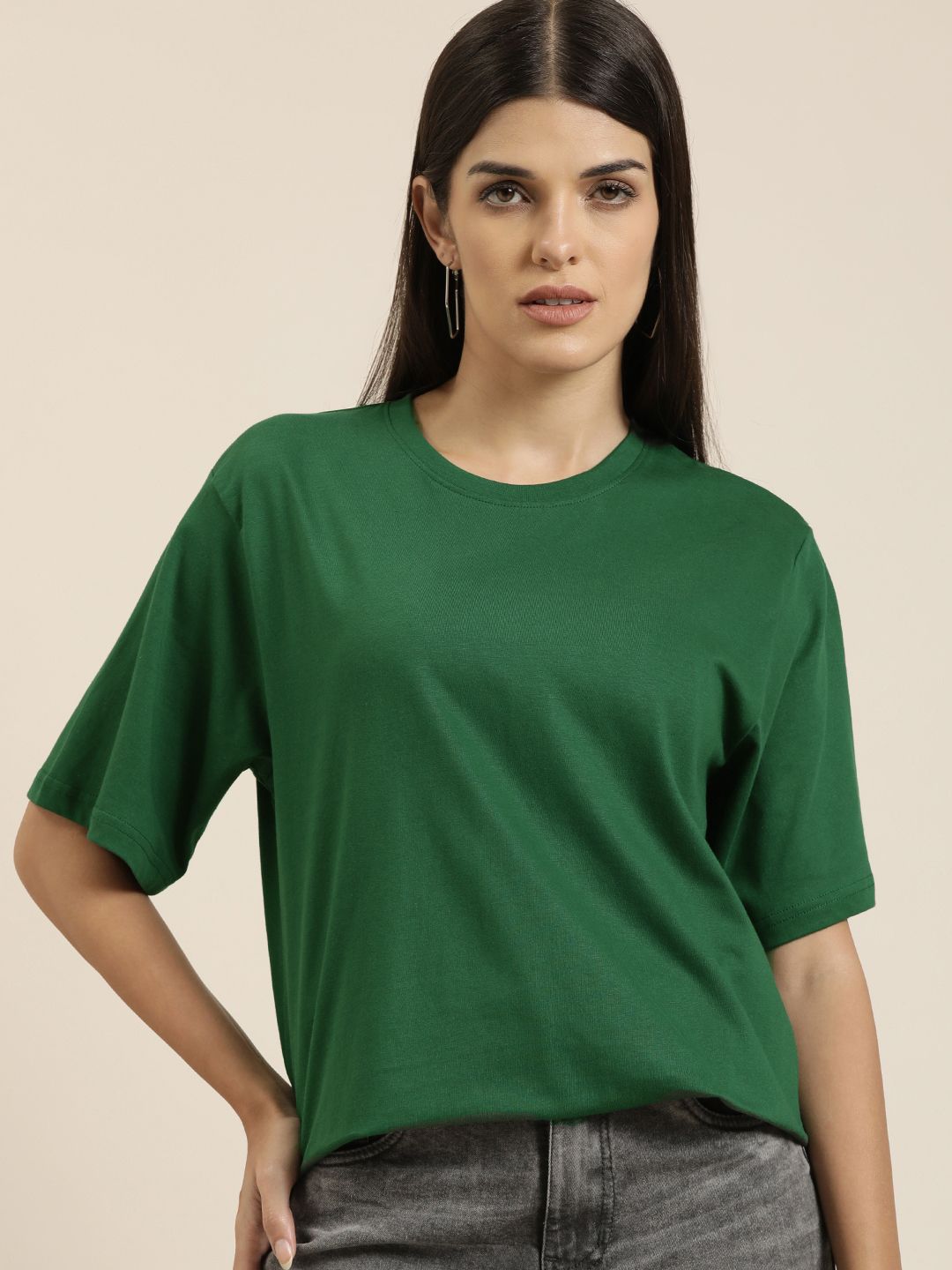 DILLINGER Women Green Solid Pure Cotton Oversized T-shirt
