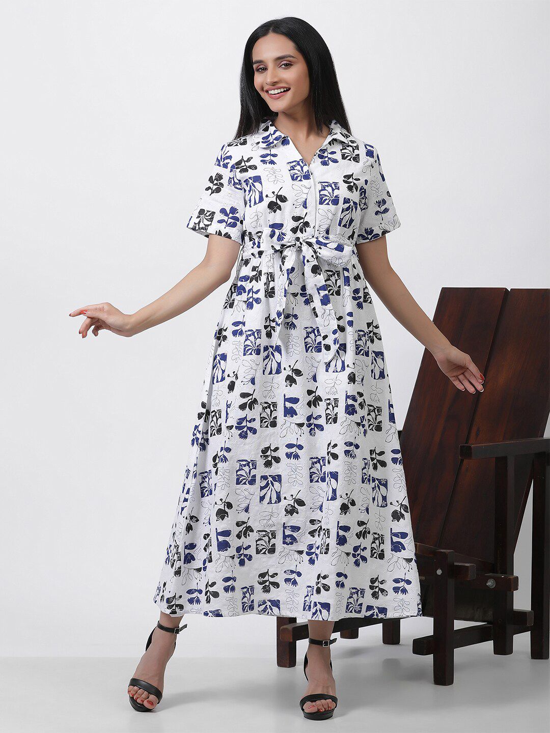 W Floral Printed Shirt Collar Short Sleeves Maxi Shirt Dress