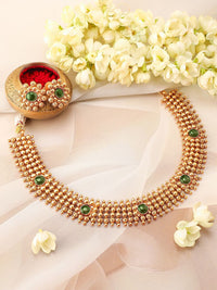 Rubans 22K Gold-Plated Emerald Studded Traditional Choker Necklace Set with Gold Beads