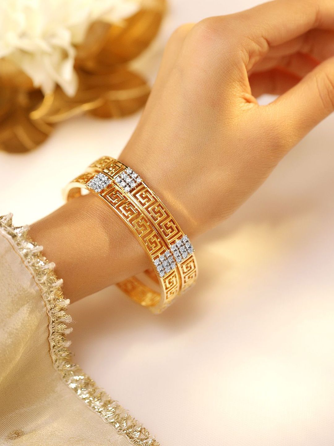 Rubans Set of 2 22K Gold-Plated Greek Key Design & Cubic Zirconia Handcrafted Bangles